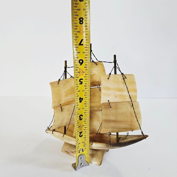 Vintage Hand Carved Ox Horn Wire Nautical Triple Mast Sailing Ship Schooner Boat - Picture 11 of 11